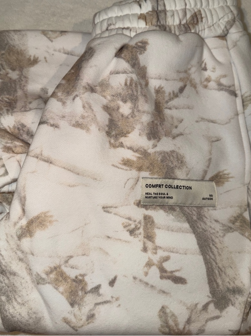Comfrt Collection universal Joggers in White, tan, & brown. White oak camo print